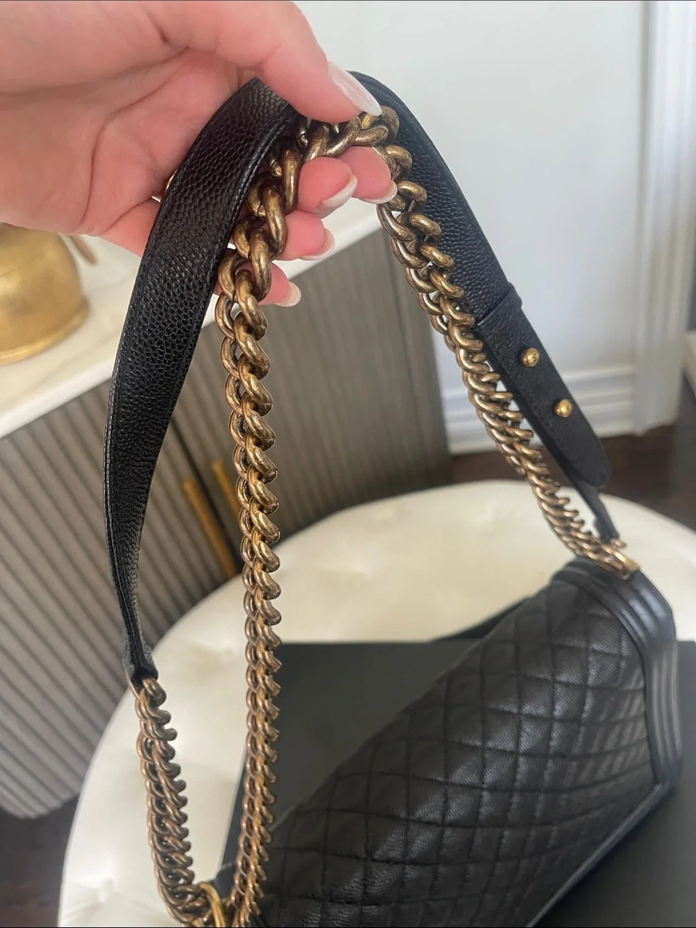 CHANEL Black Quilted Caviar Leather Boy Chanel Bag with Gold Hardware